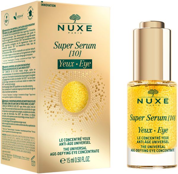 Produktverpackung und Flasche. Aufschrift: NUXE Super Serum [10] Yeux • Eye.