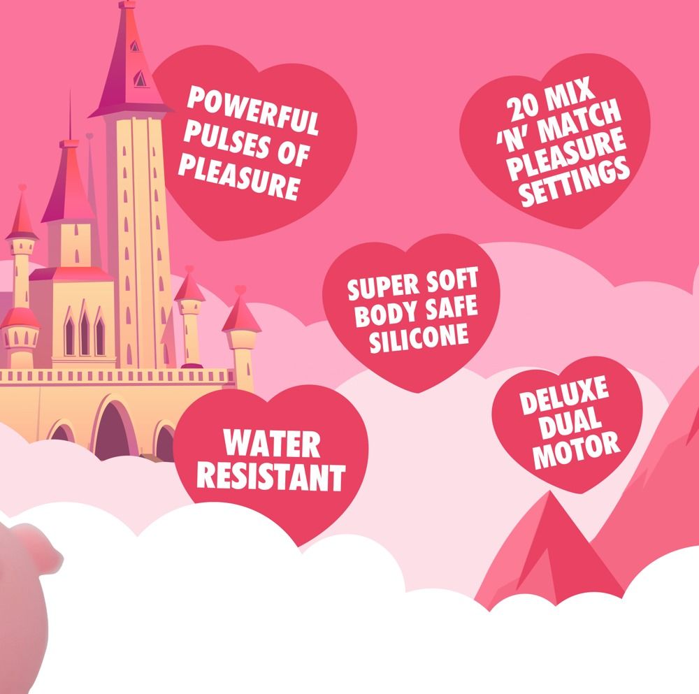 Rosa Text-Grafik. Texte: Kraftvolle Impulse der Freude, 20 Mix 'N' Match Pleasure Einstellungen, superweiches, körpersicheres Silikon, wasserdicht.