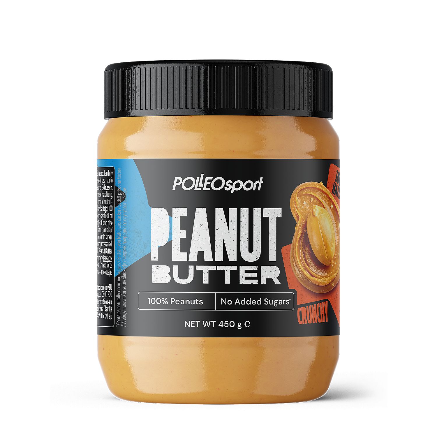 Erdnussbutter im Glas mit schwarzem Deckel. Aufschrift: PEANUT BUTTER, Crunchy, 100% Peanuts, No Added Sugars. 450 g.