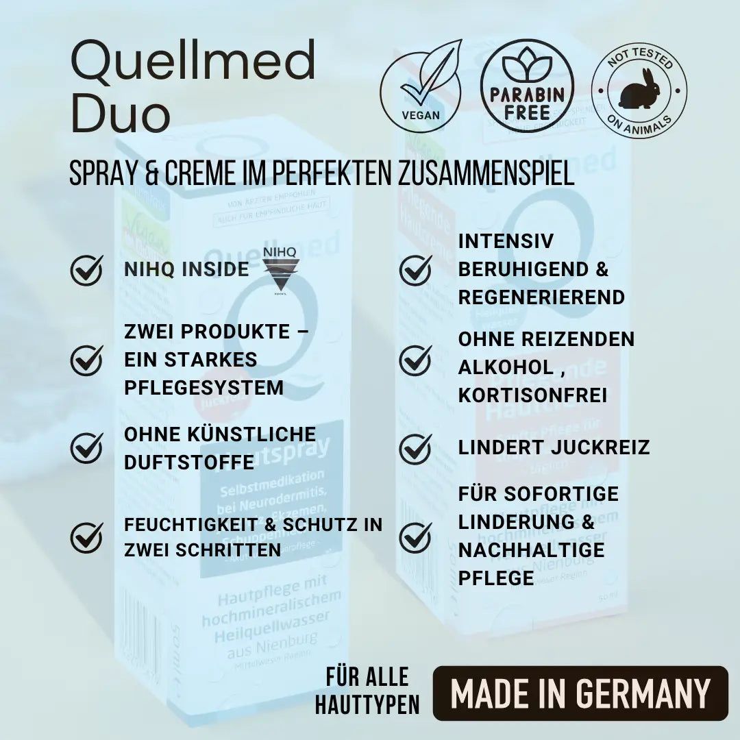 Produktbeschreibung Quellmed Duo. Text mit Logos: Vegan, Paraben Free, Not tested on animals. Made in Germany.