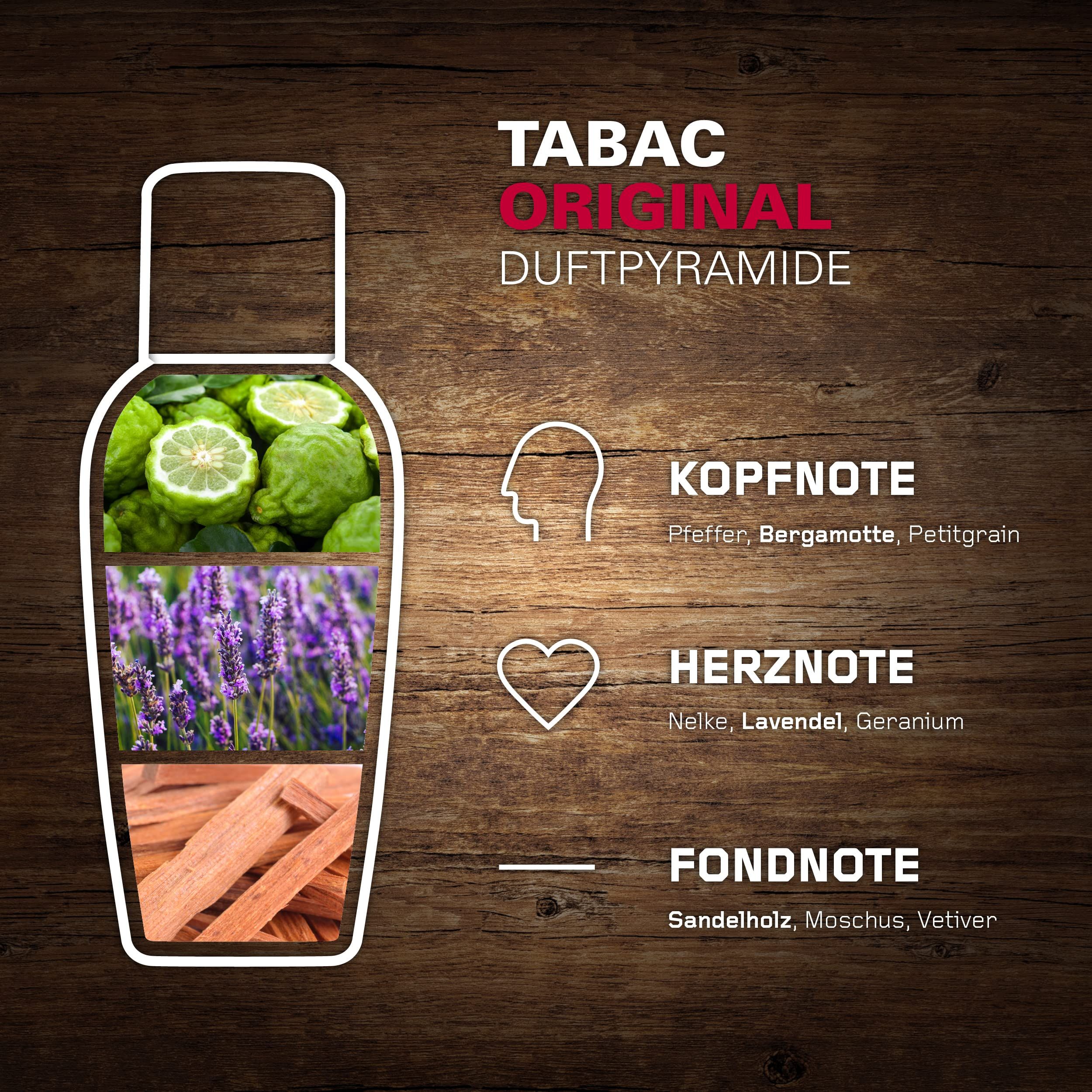 Grafische Darstellung der Duftpyramide. Kopfnote: Pfeffer, Bergamotte, Petitgrain. Herz: Nelke, Lavendel, Geranium. Fond: Sandelholz, Moschus, Vetiver.