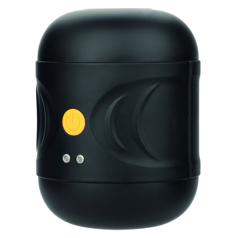 Schwarzes Gerät mit abgerundeten Enden. Gelber Knopf und zwei kleine Knöpfe. Für Intimität.