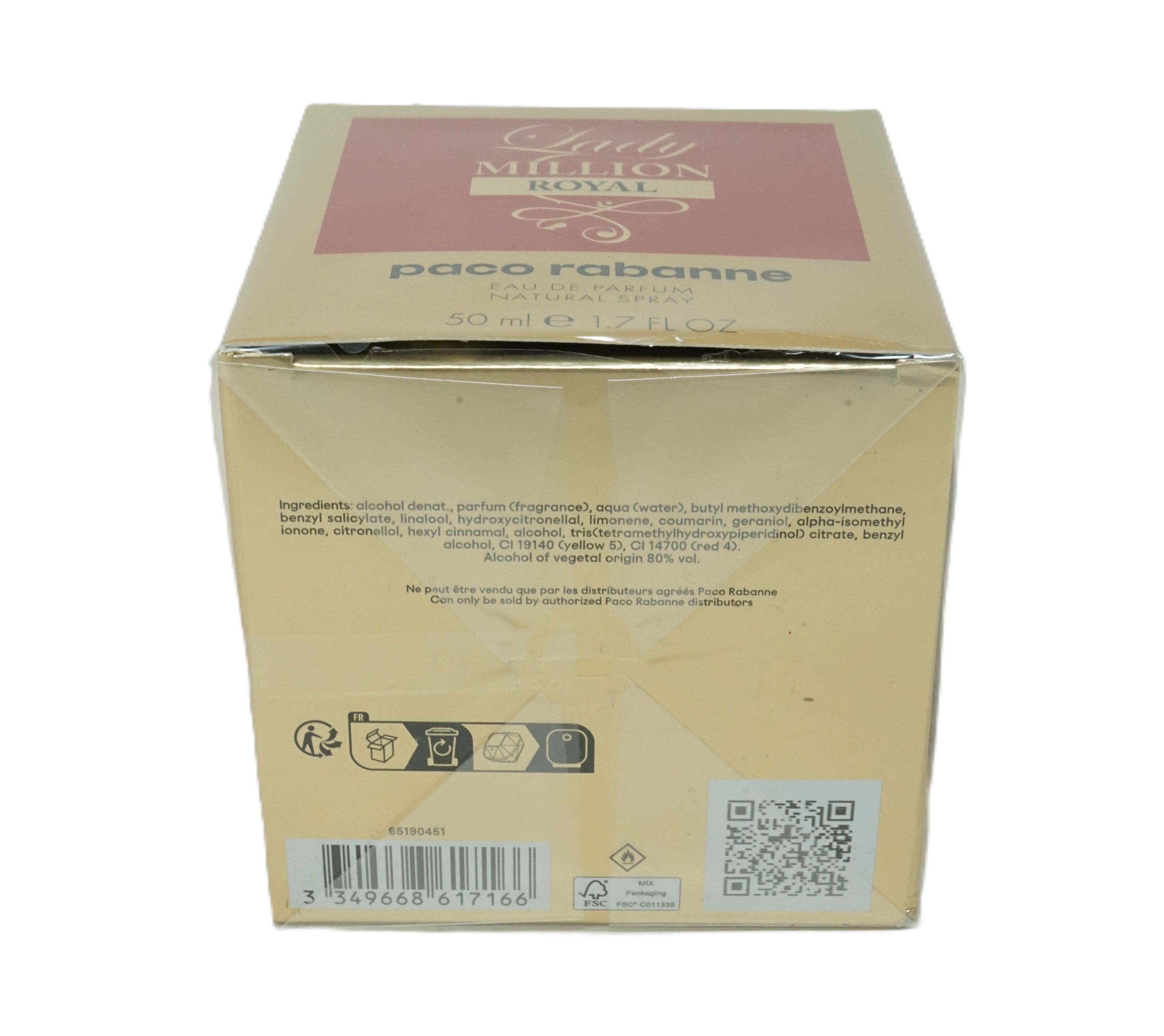 Rückseite der Lady Million Royal-Verpackung. Enthält Inhaltsstoffe, QR-Code und Recycling-Symbole.
