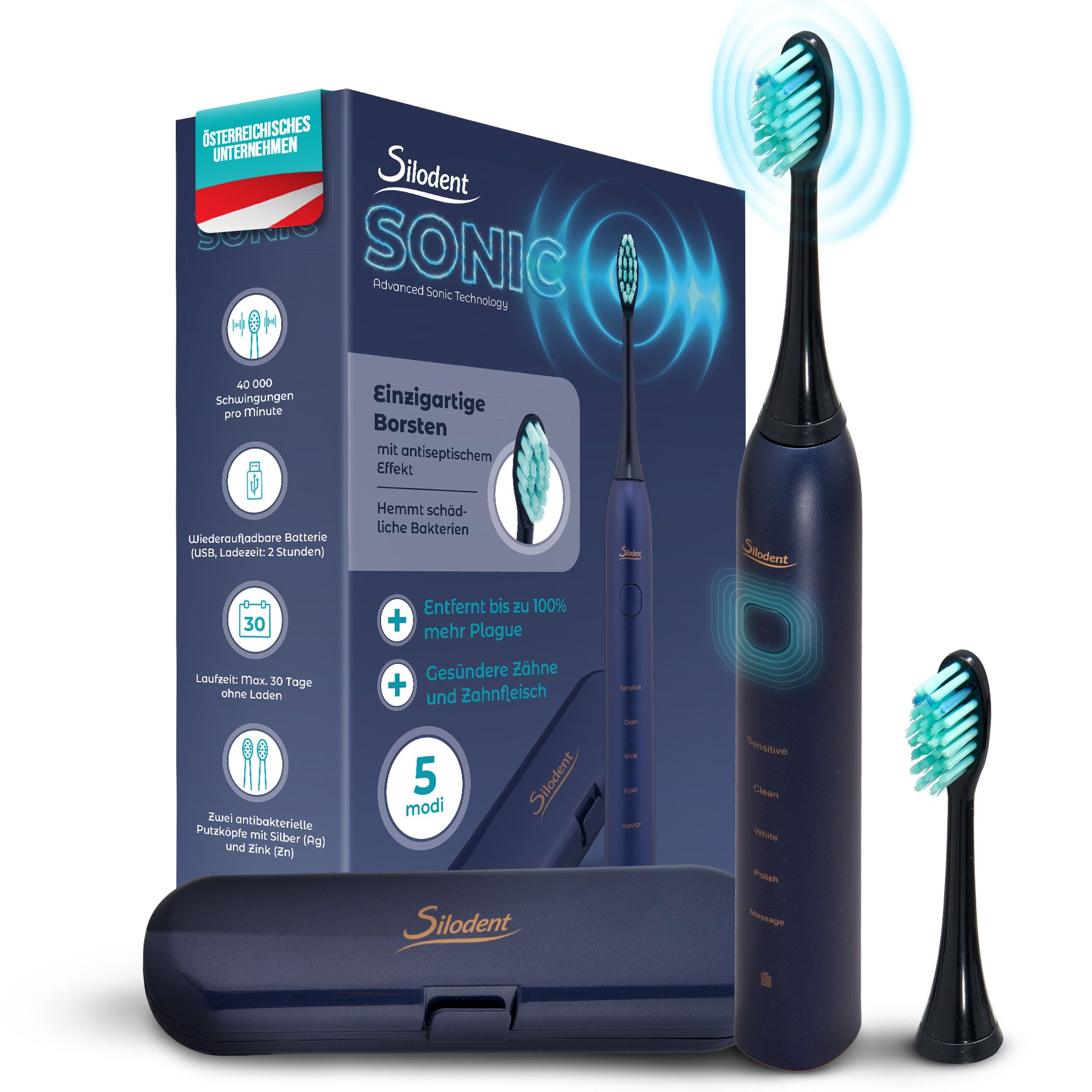 Silodent Schallzahnbürste Midnight Blue mit antiseptischen Borsten und fünf Programmen