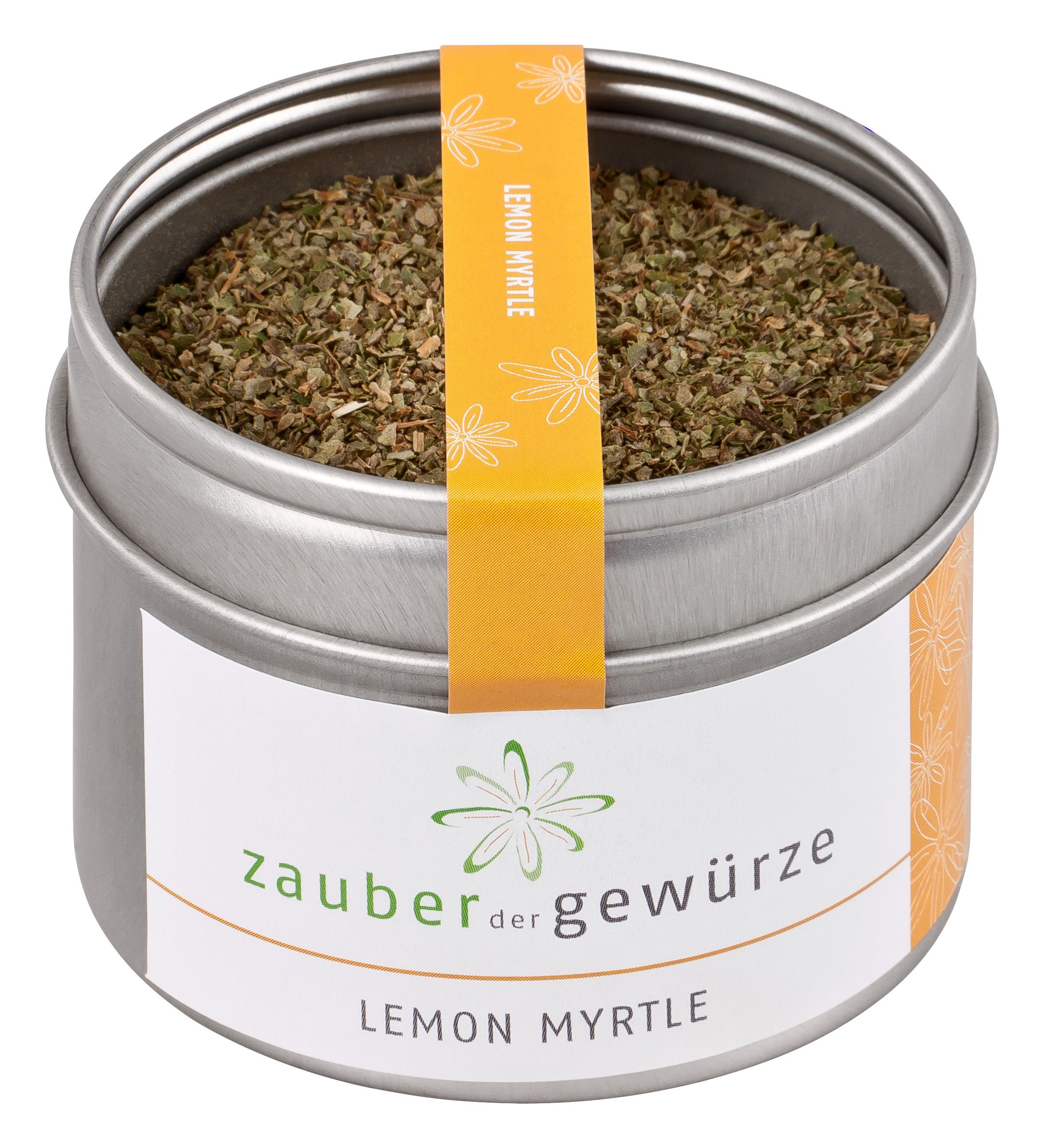 Zylindrische Dose mit getrockneten Kräutern. Aufkleber mit "Zauber der Gewürze Lemon Myrtle". Gelber Streifen mit Text.