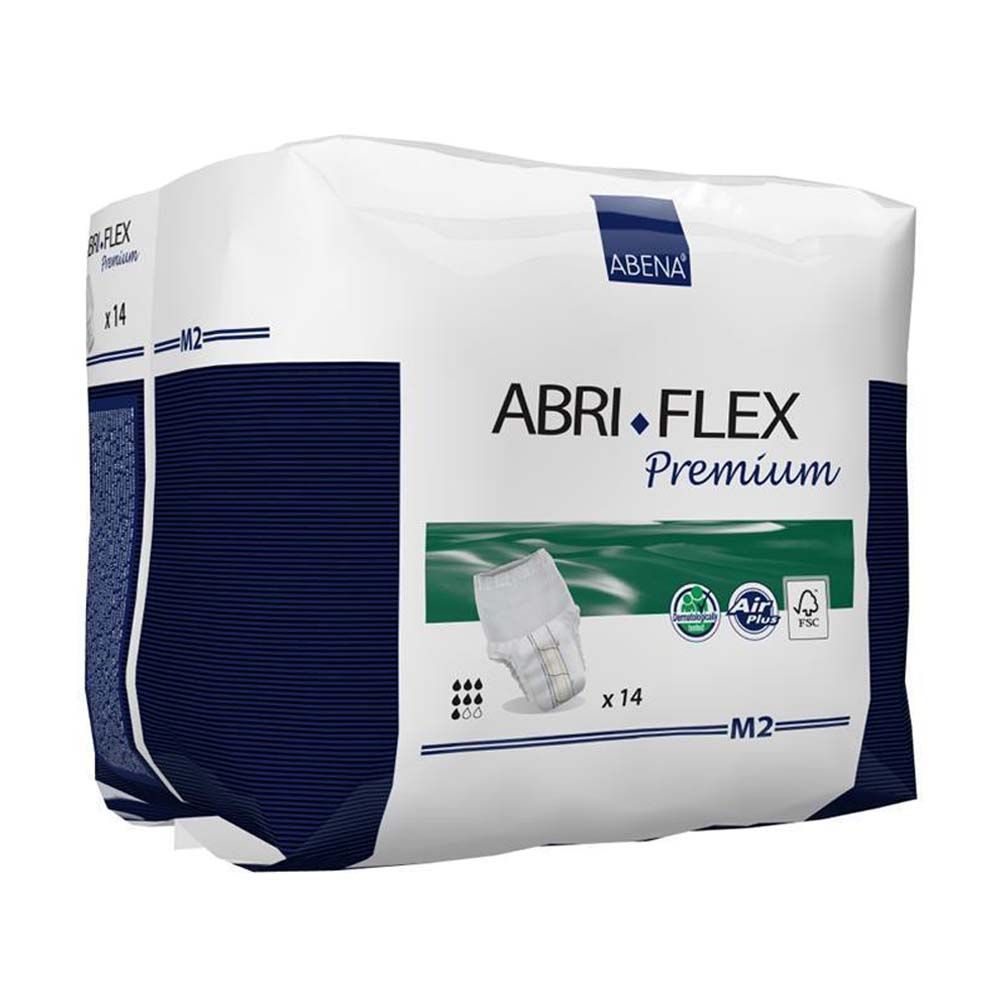 Abena Abri-Flex Premium M2. Verpackung mit Produktabbildung, Logo und Schriftzug. Enthält 14 Stück. Mit Air Plus und FSC-Siegel. Schräge Ansicht.