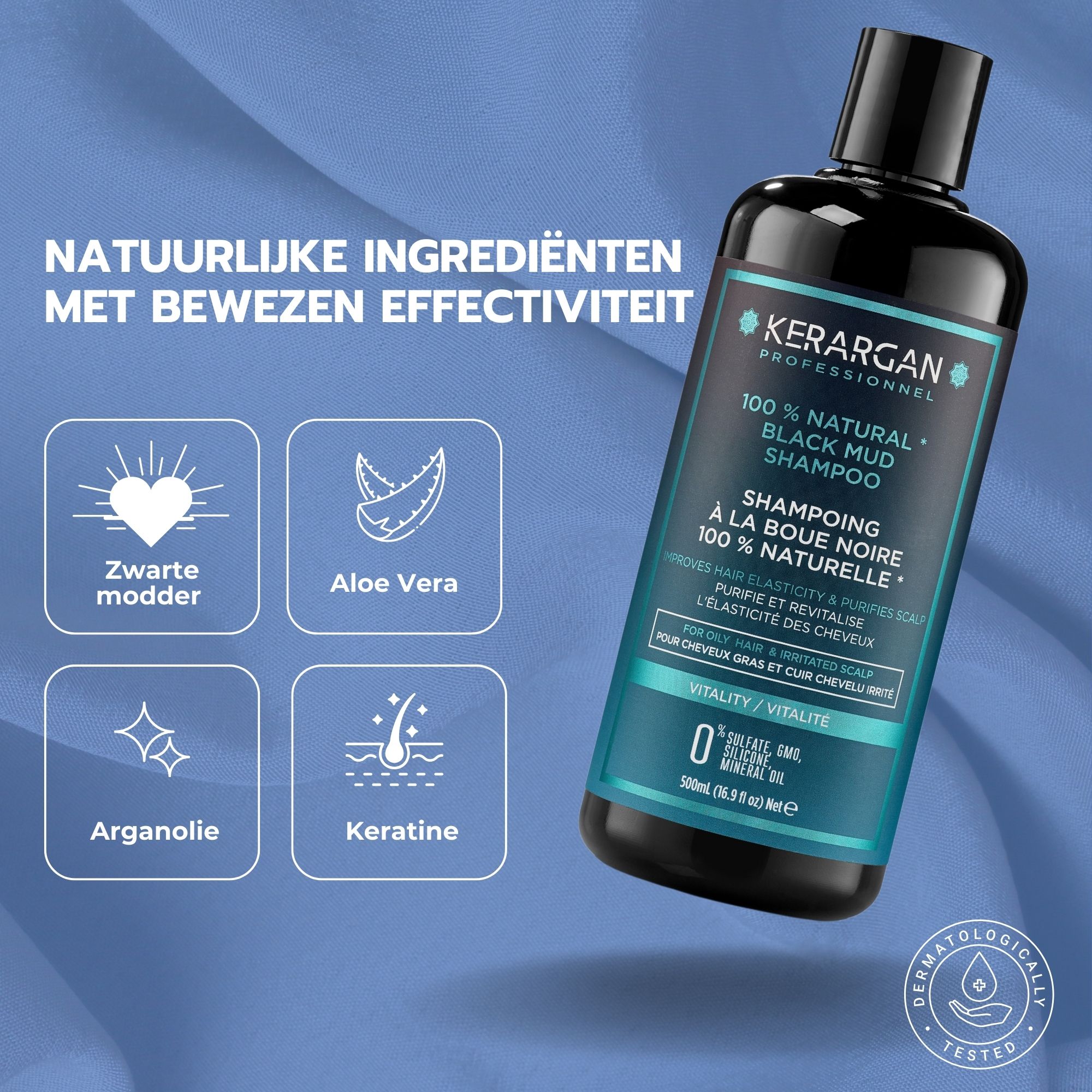 Blauwe achtergrond met symbolen: zwarte modder, aloë vera, arganolie, keratine. Tekst: Kerargan, 100% Natural Black Mud Shampoo.