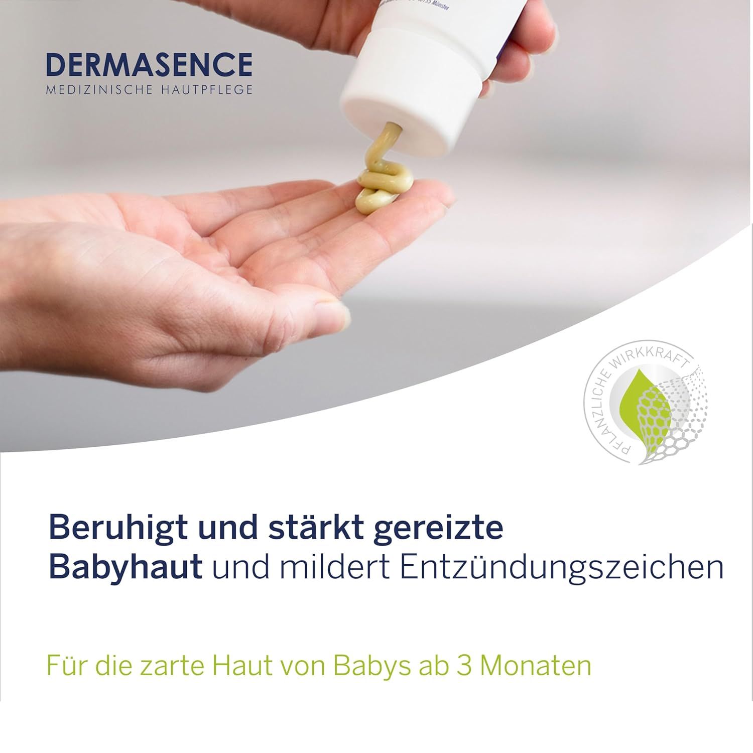 Hand mit Creme. Text: Beruhigt und stärkt gereizte Babyhaut und mildert Entzündungszeichen. Für Babys ab 3 Monaten.