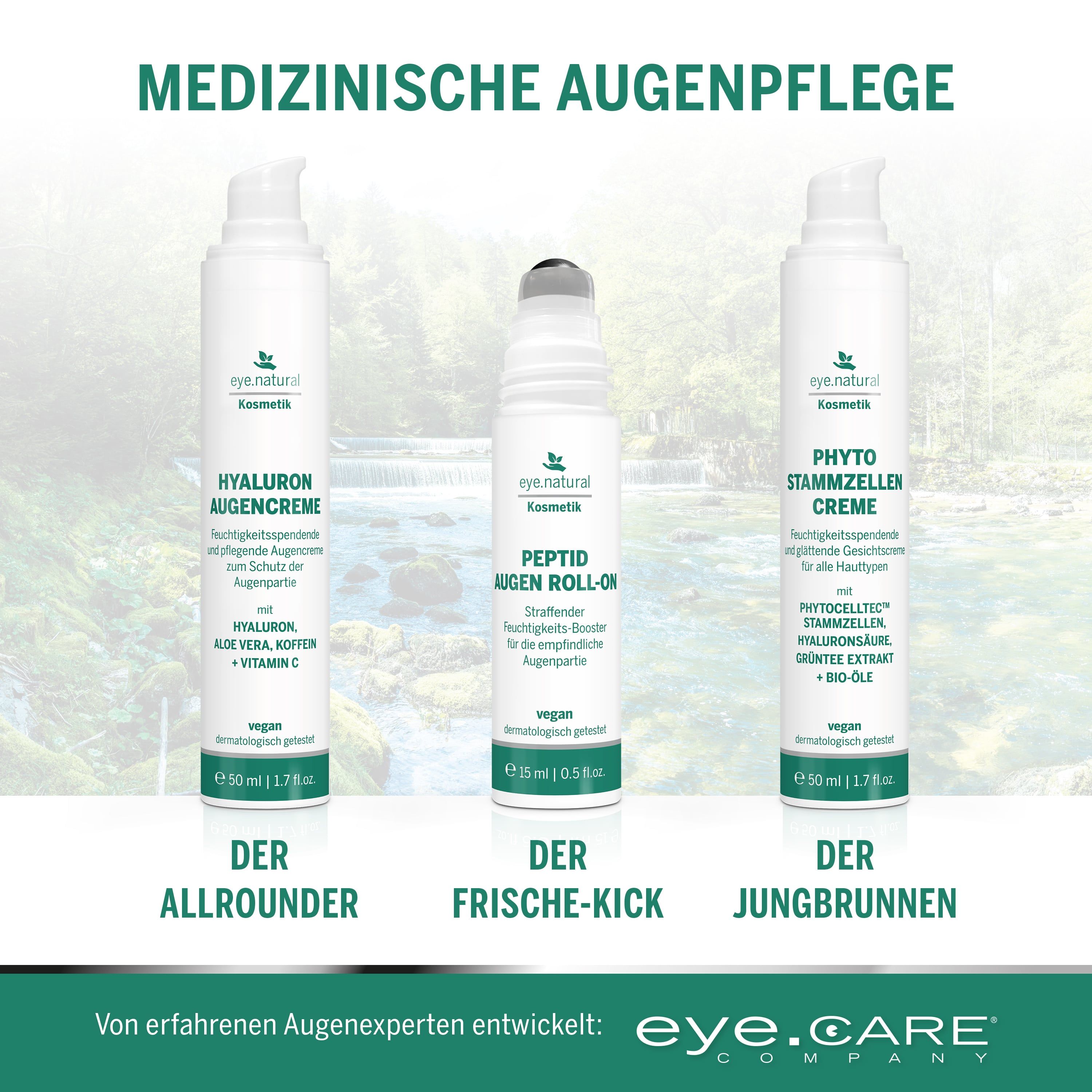 Drei Creme-Flakons: eye.natural Hyaluron Augencreme, Peptid Augen Roll-On, Phyto Stammzellen Creme. Text: medizinische Augenpflege.