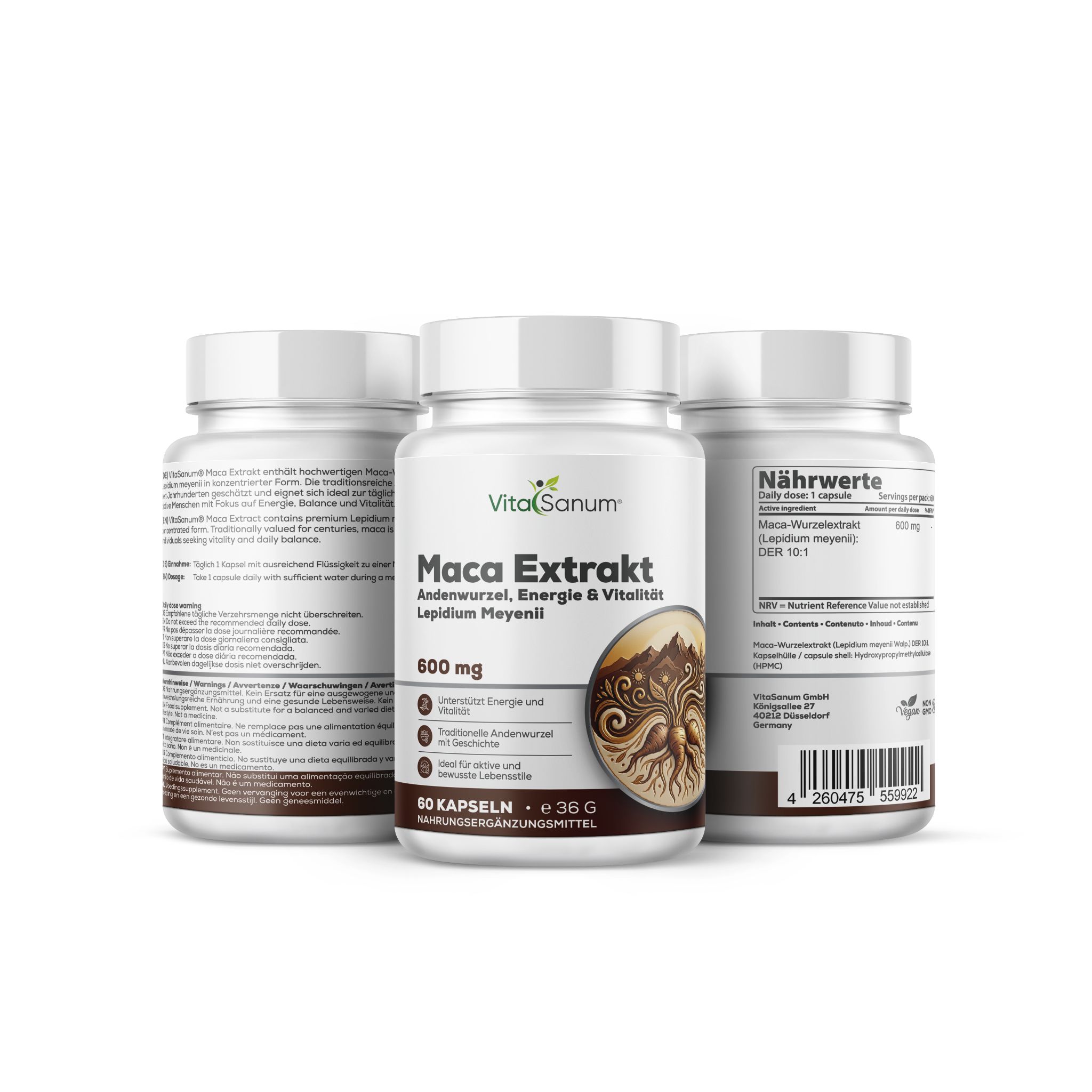 VitaSanum Maca Extrakt Kapseln, 600 mg, 60 vegane Kapseln, drei Behälter.