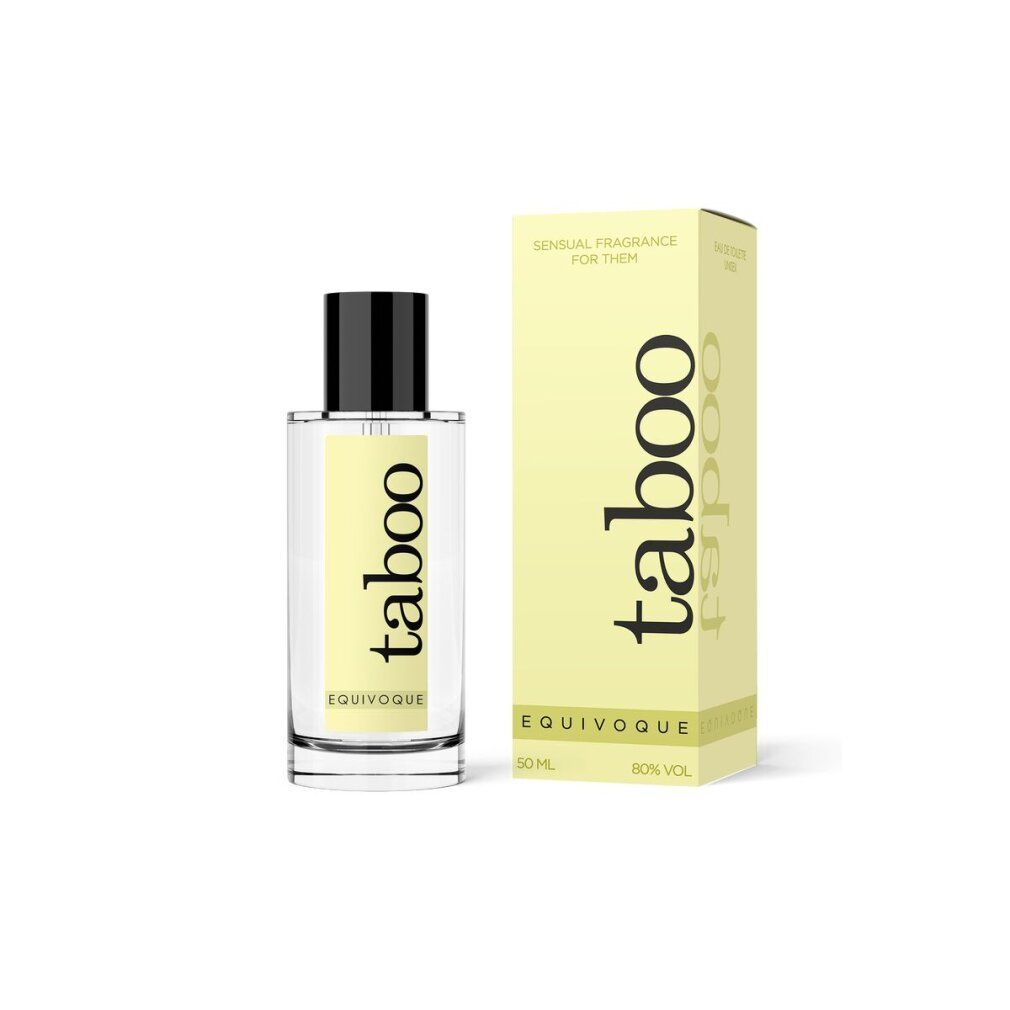 Flakon mit gelber Verpackung. Auf der Verpackung und dem Flakon steht "taboo" und "EQUIVOQUE".