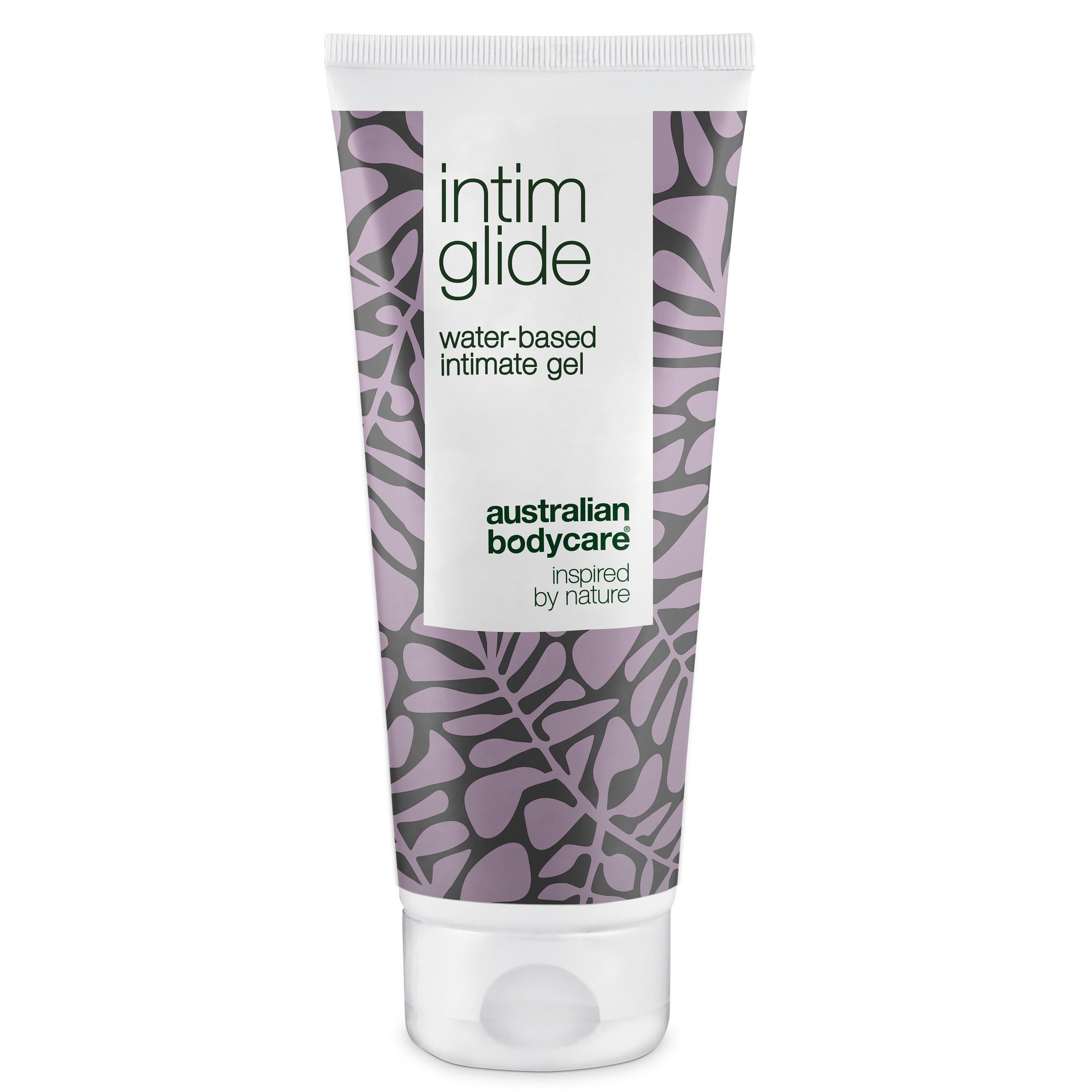 Tube mit Intim-Gleitgel. Wasserbasiert. Marke: Australian Bodycare. Weiß, lila Muster. Mit Schraubverschluss.