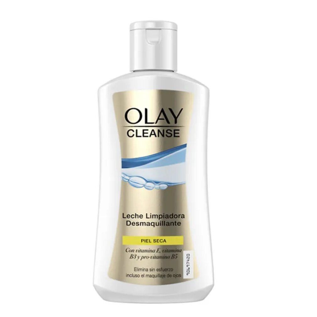 Weiße Flasche mit Olay Cleanse. Text: Leche Limpiadora Desmaquillante, für trockene Haut. Enthält Vitamin E, B3 und Pro-Vitamin B5.