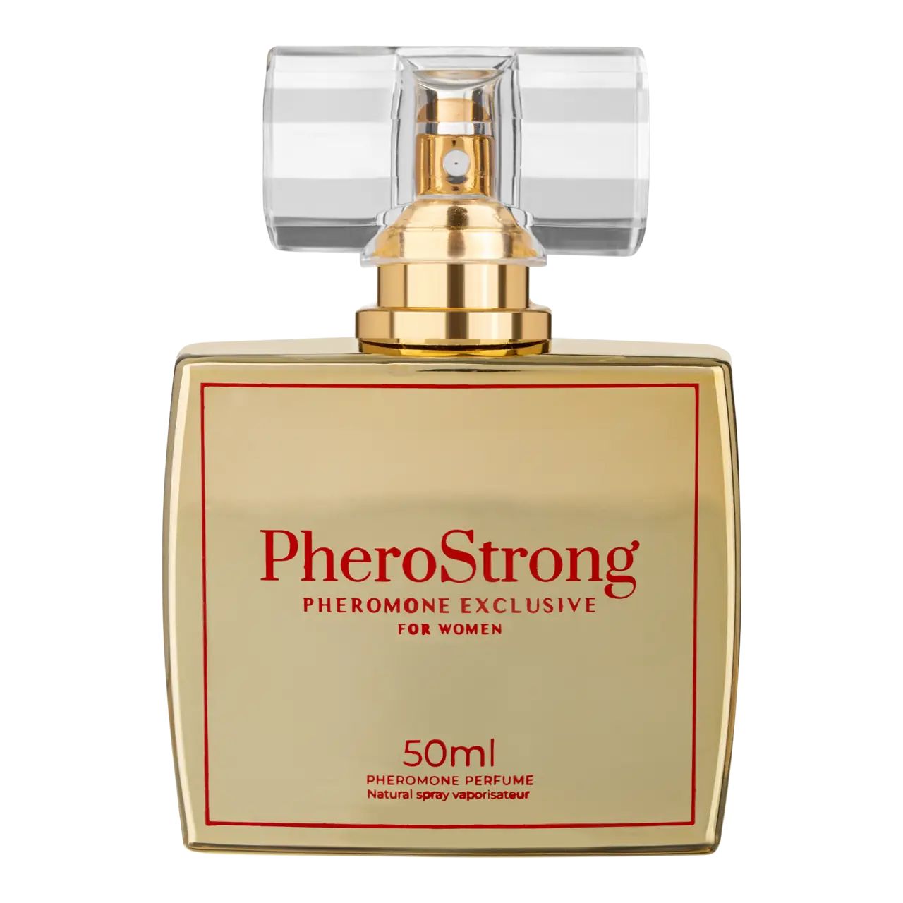 Goldfarbene Flasche mit roter Schrift. Aufschrift PheroStrong, Pheromone Exclusive for Women. 50ml Flasche. Natürlicher Spray-Verdampfer.