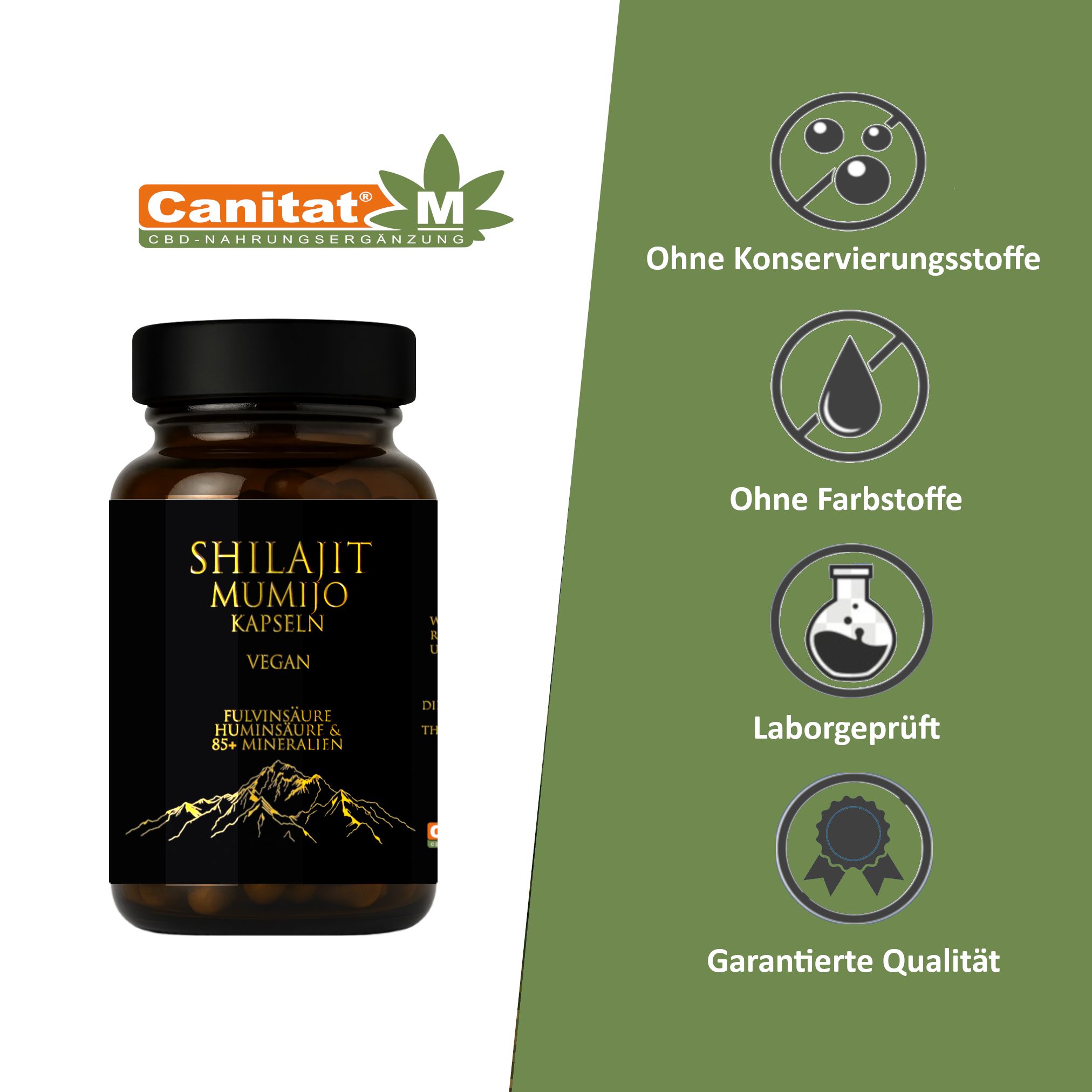 Braune Glasflasche mit schwarzem Deckel. Etikett mit Produktname. Logos: ohne Konservierungsstoffe, Farbstoffe, Laborgeprüft, garantierte Qualität.