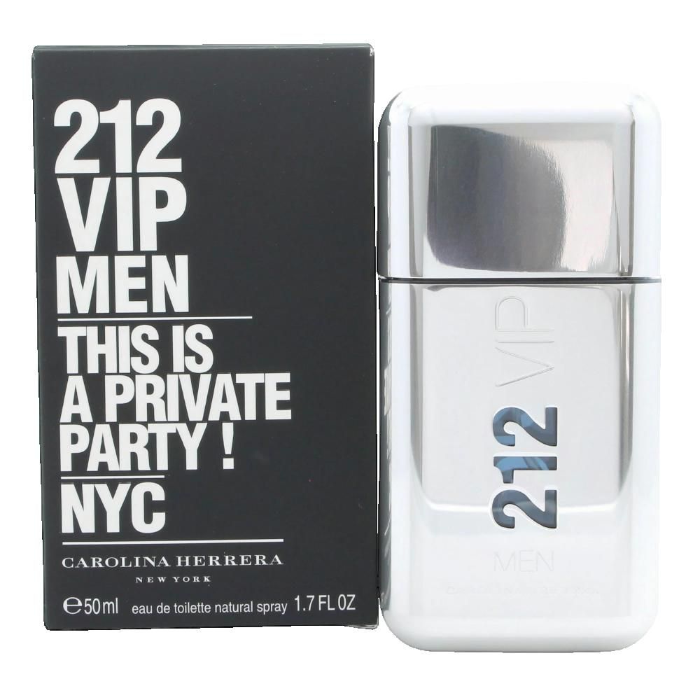Carolina Herrera 212 VIP Men Eau de Toilette. Flakon und Verpackung. Schwarze Verpackung mit weißer Schrift.