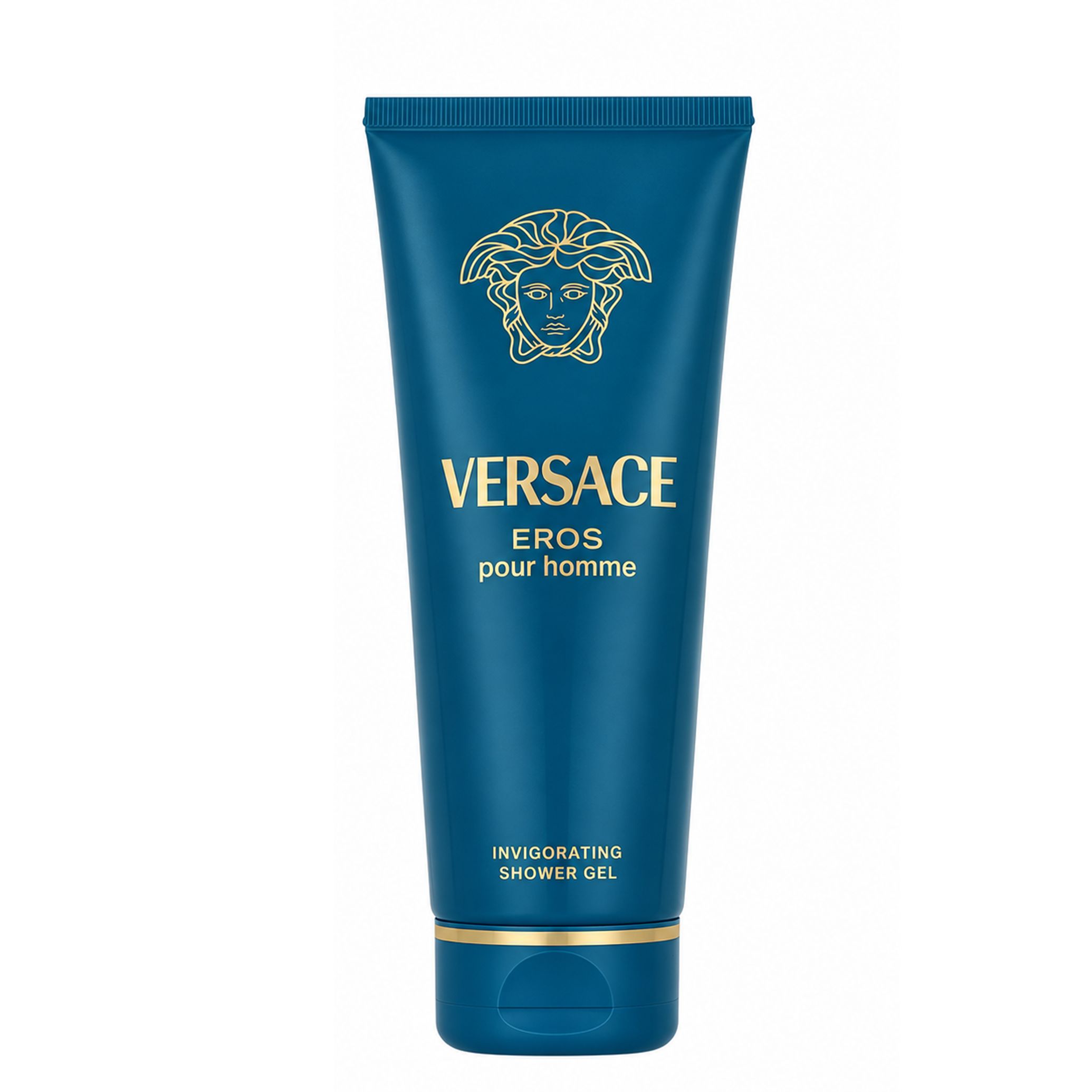 Dunkelblaue Tube mit goldenem Versace Eros Pour Homme Logo und Schriftzug. Duschgel.