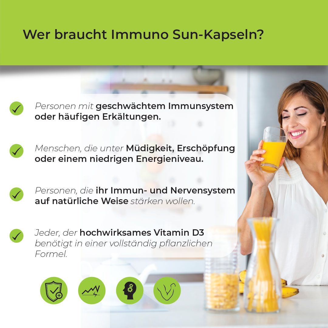Frau mit Glas Saft. Text: Wer braucht Immuno Sun Kapseln? Personen mit geschwächtem Immunsystem.