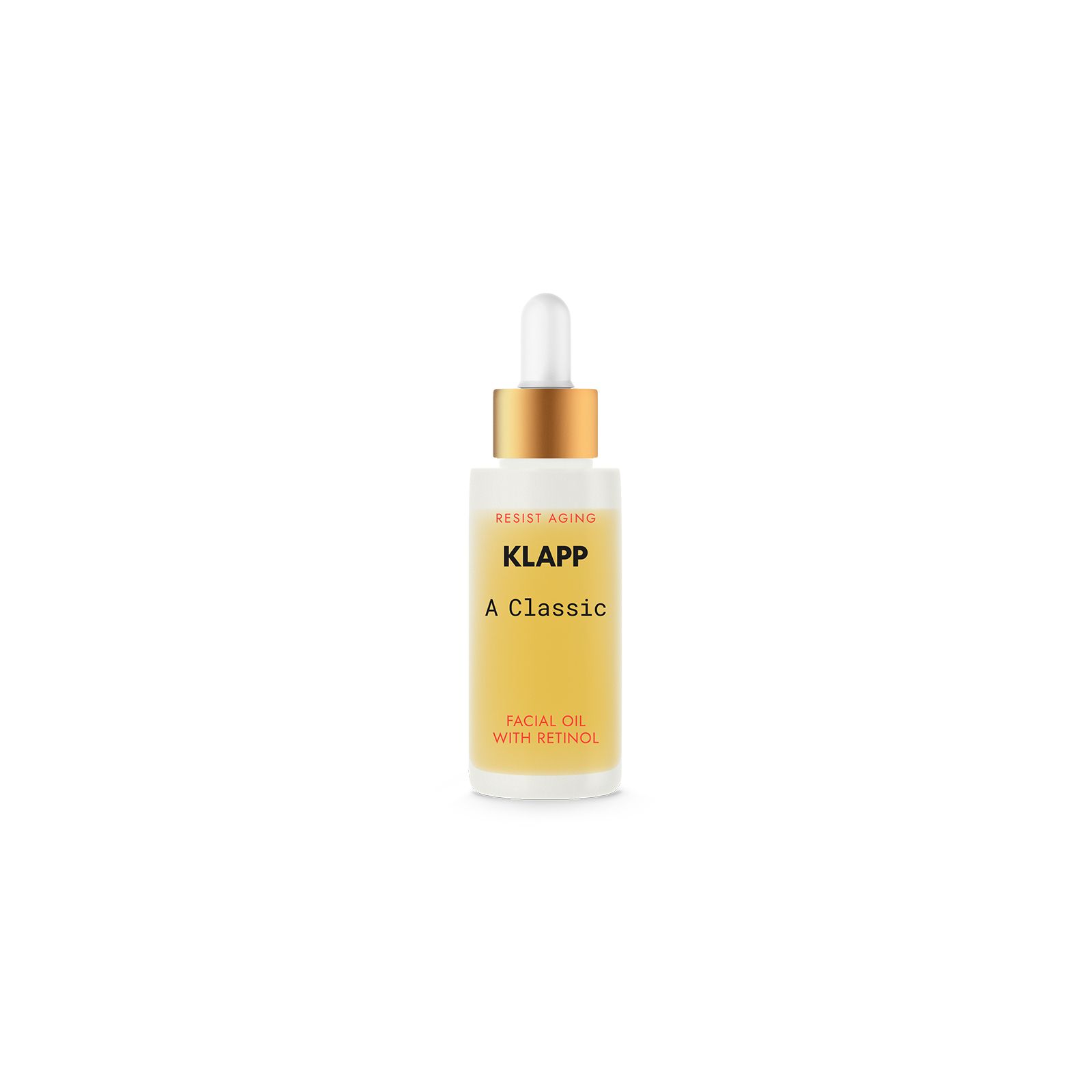 Glasflasche mit gelbem Öl und Pipette. Aufschrift: KLAPP, A Classic, Facial Oil with Retinol.