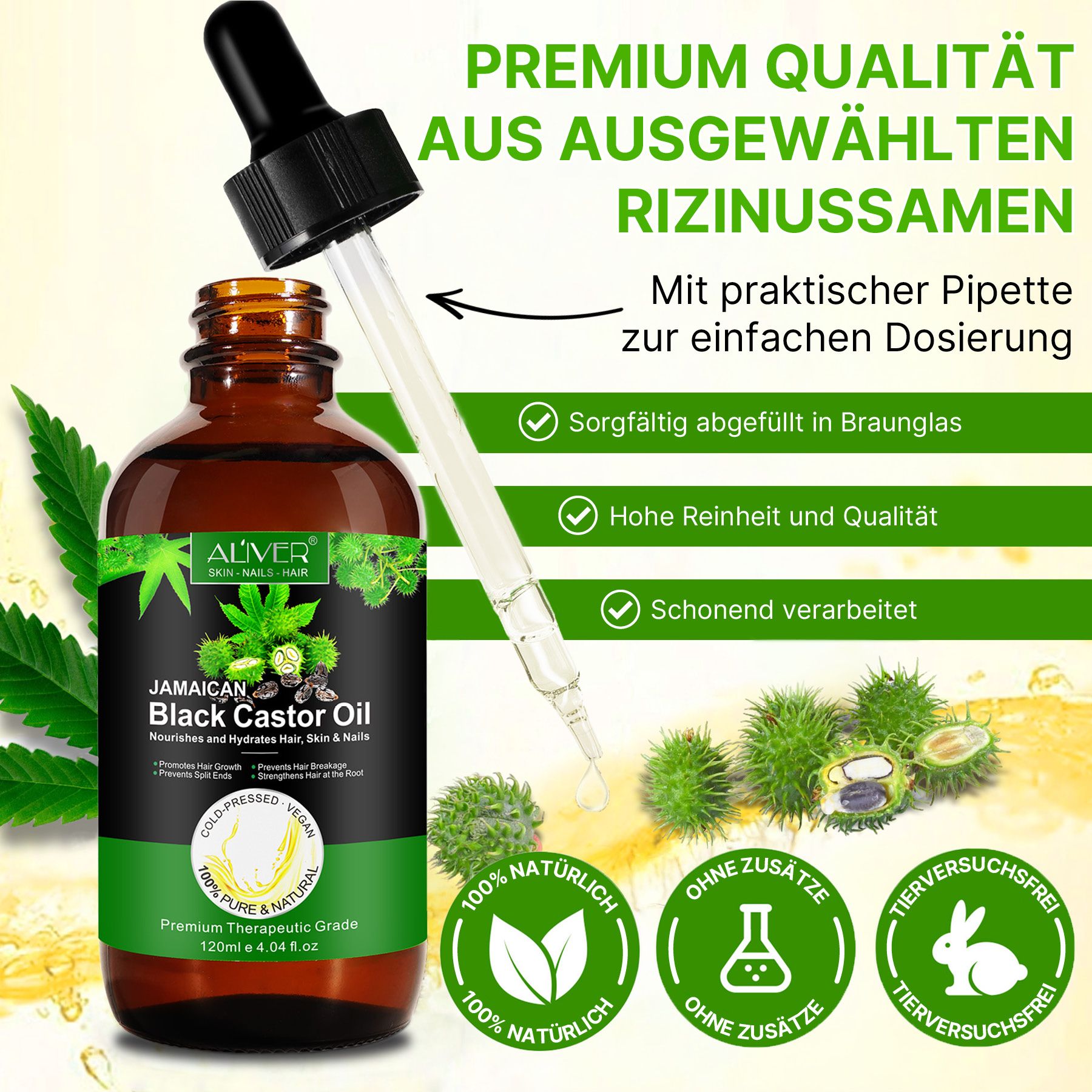 Braune Glasflasche mit Pipette, gefüllt mit schwarzem Rizinusöl. Etikett zeigt "Jamaican Black Castor Oil".