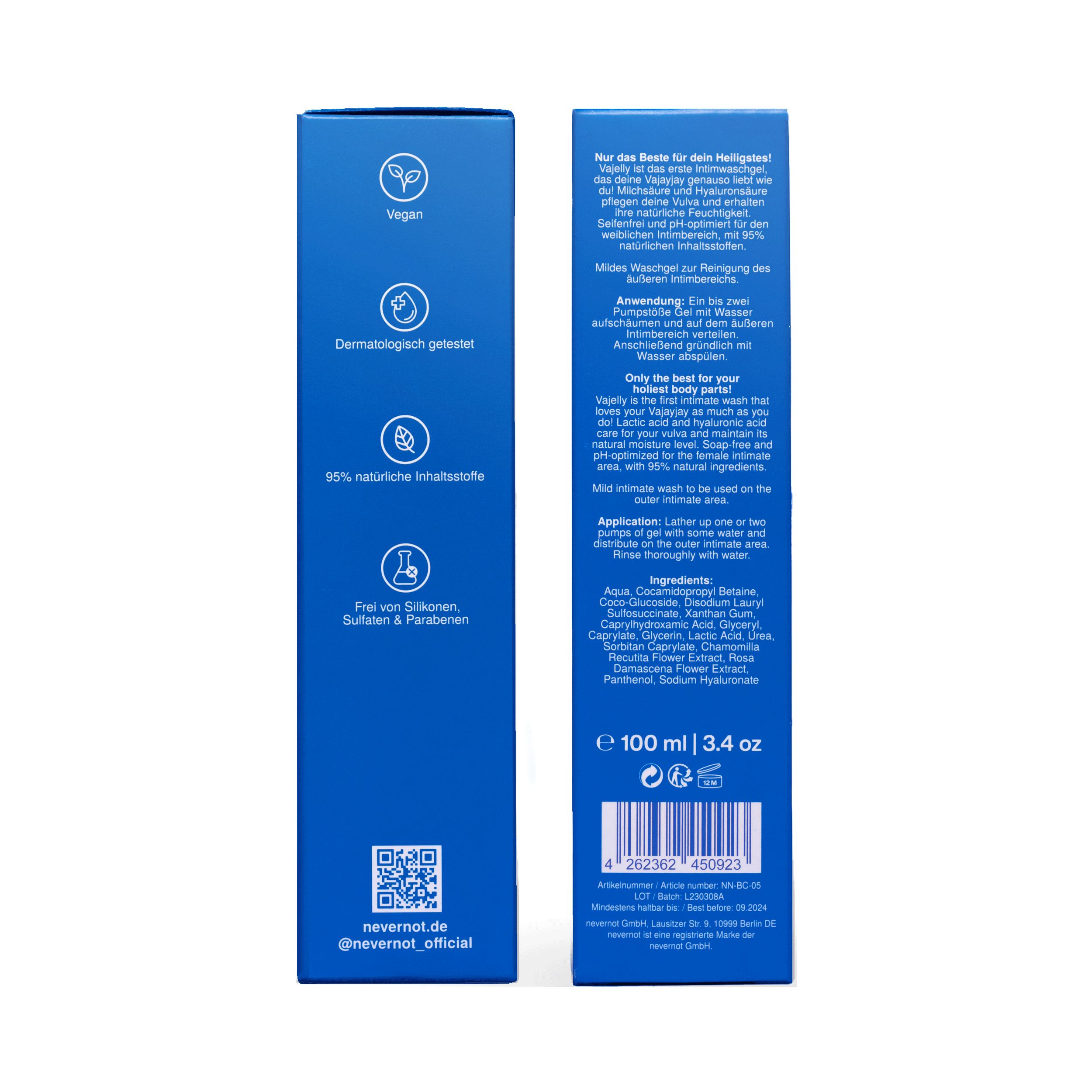 Blaue Verpackung von nevernot VAJELLY Intimwaschgel. Text: Vegan, dermatologisch getestet, 95% natürliche Inhaltsstoffe.