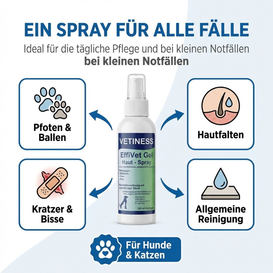 Weißes Sprayfläschchen mit grünem Etikett. Text: Vetiness EffiVet Gel Haut-Spray. Illustrationen: Pfoten, Hautfalten, Kratzer, allgemeine Reinigung.