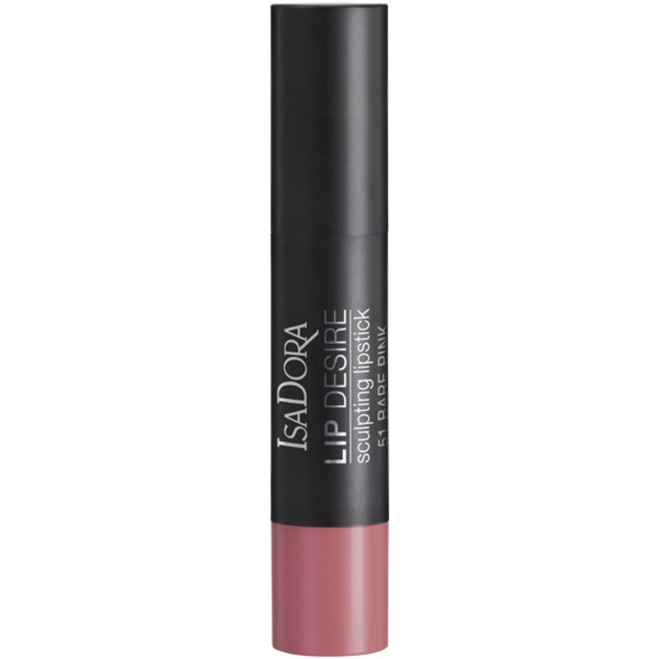 IsaDora Lip Desire Sculpting Lipstick, geschlossen. Schwarzer Stift mit rosafarbenem Ende. Schriftzug und Farbtonbezeichnung.