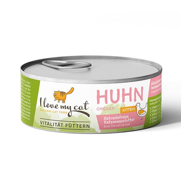 Katzenfutterdose mit "I love my cat" Logo. Aufschrift "Huhn", "Kitten", "Getreidefreies Katzennassfutter". Dose mit Lasche.