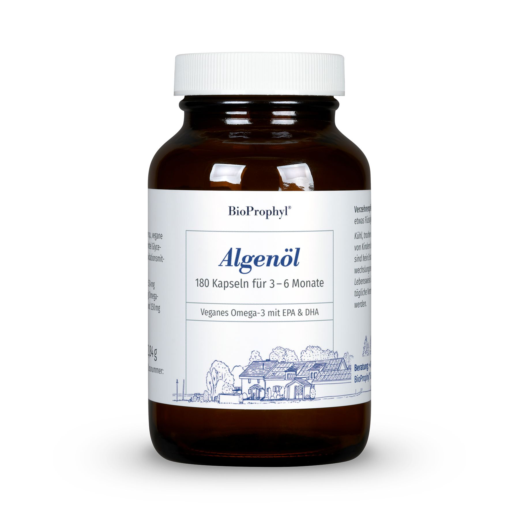 Braune Glasflasche mit weißem Deckel und Etikett. Aufschrift: BioProphyl Algenöl, 180 Kapseln, Veganes Omega-3.