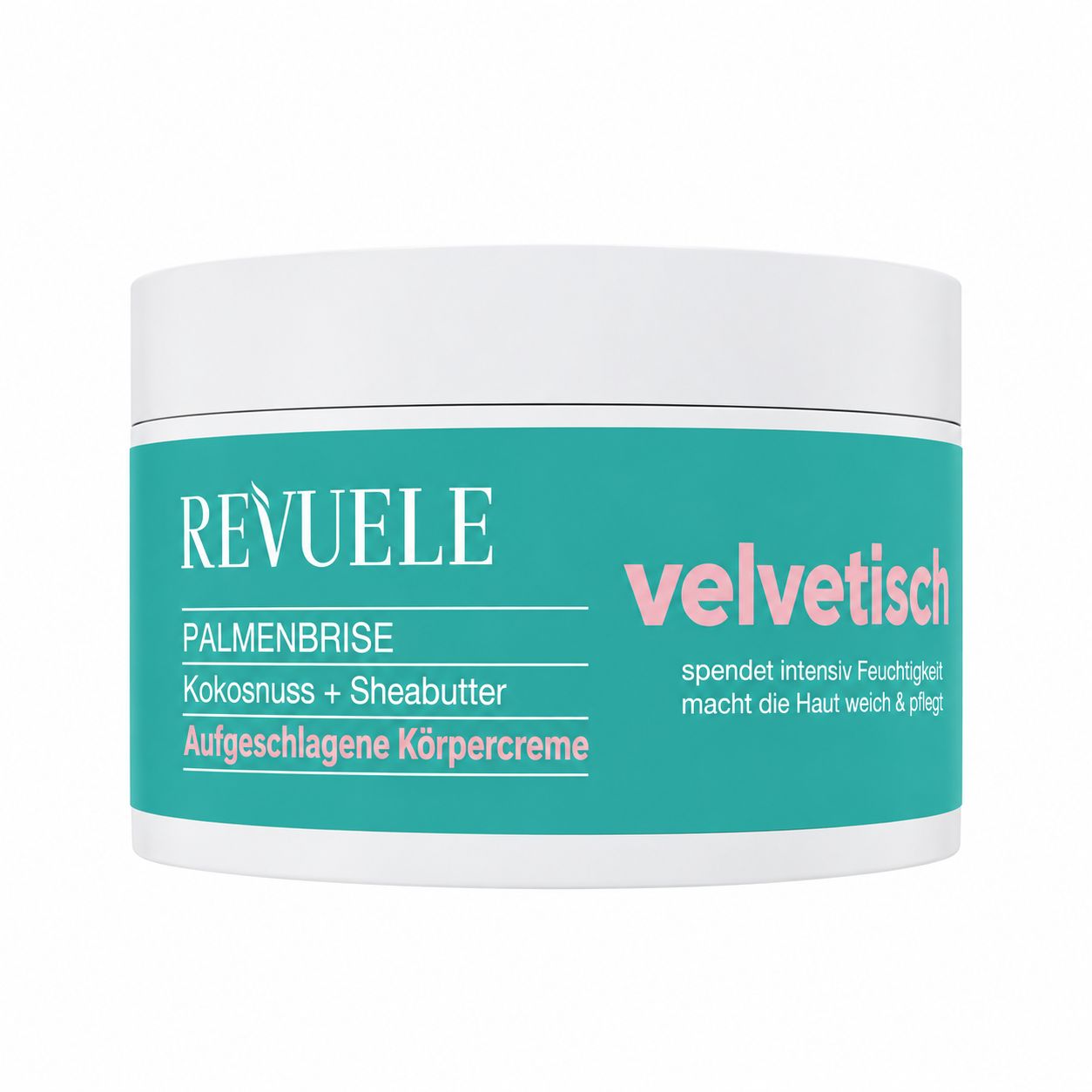 Revuele Velvetish Körperpflege Whipped Cream in einem Tiegel auf einem Ständer.
