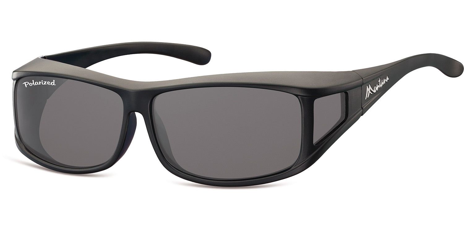 Schwarze Sonnen-Überbrille mit grauen Gläsern. "Polarized" und "Montana" Schriftzug. Seitlicher Schutz.