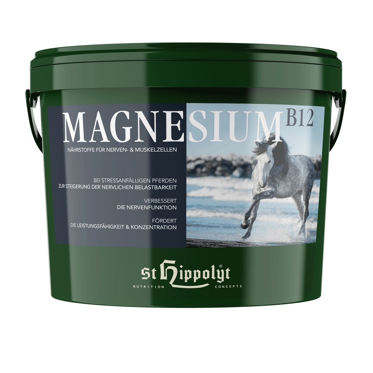 Grüner Eimer mit Aufschrift Magnesium B12. Abbildung eines Pferdes am Strand. St. Hippolyt Logo.