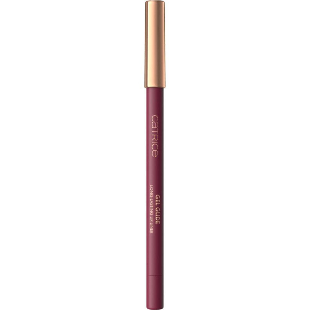 Lippenkonturenstift, dunkelrot. Goldfarbene Kappe. Aufschrift: Catrice, Gel Glide Long-lasting Lip Liner.