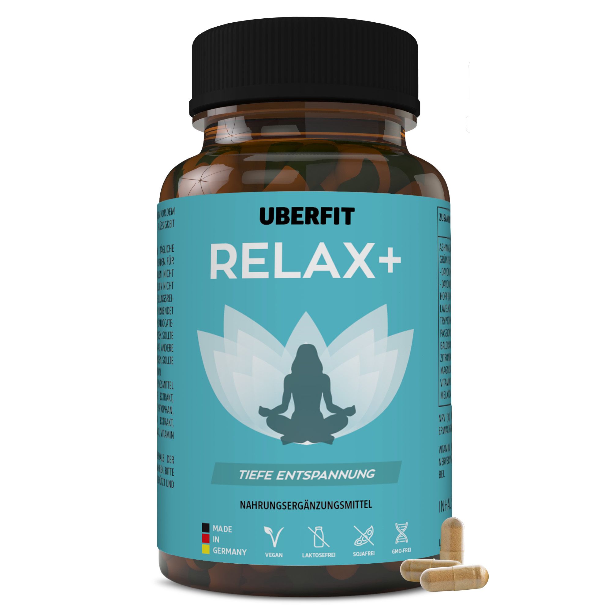 Flasche UberFit RELAX+ mit Kapseln. Text: Tiefe Entspannung. Nahrungsergänzungsmittel. Made in Germany. Vegan, Laktosefrei, Glutenfrei.