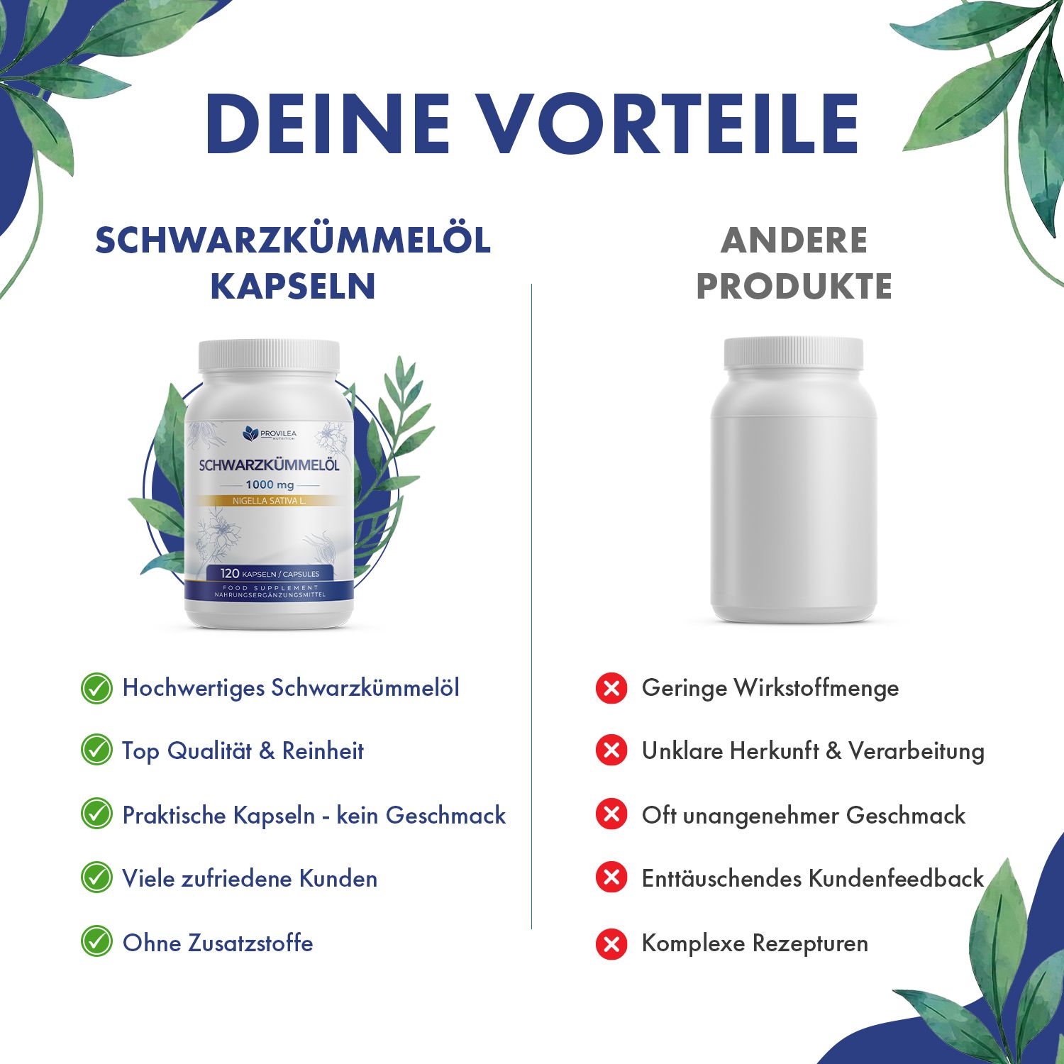 Vergleich: Schwarzkümmelöl Kapseln und ein leeres Produkt. Vorteile: Hochwertig, Top Qualität, praktische Kapseln.
