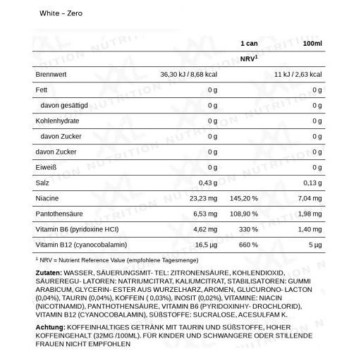 Nährwerttabelle für XXL Nutrition Energize White - Zero. Angaben pro Dose und pro 100ml. Enthält Nährwerte und Zutaten.