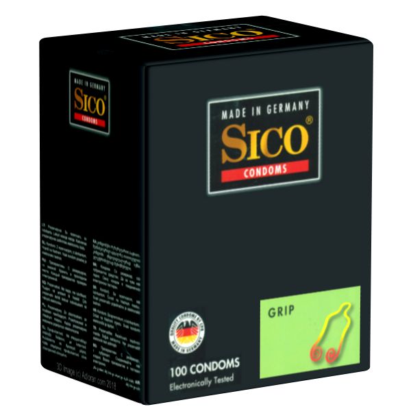 Schwarze Verpackung mit "Sico Condoms"-Logo. "Made in Germany" und "100 Kondome" sind ebenfalls sichtbar. Grün-gelbe Grafik.