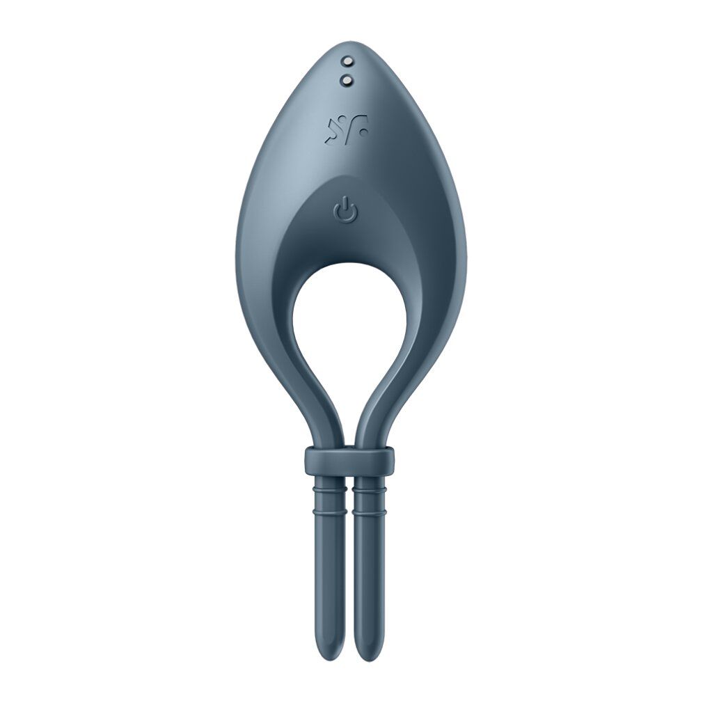 Blauer Ringvibrator. Ovale Form mit zwei Stäben. Oben befinden sich zwei Knöpfe und ein Ein-/Ausschalter.