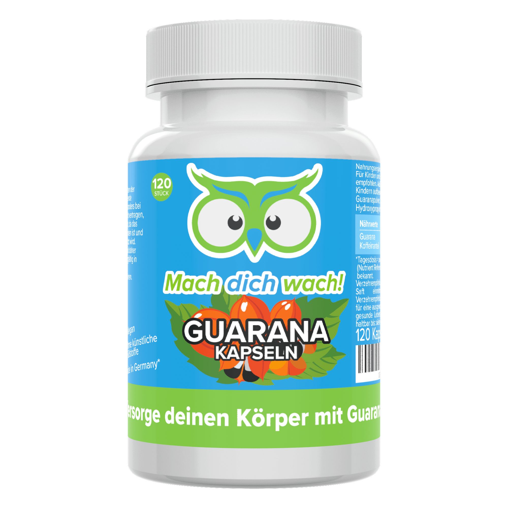 Weiße Flasche mit blauer Etikett. Aufschrift: Guarana Kapseln, Mach dich wach!® und 120 Stück. Grün-orangenes Logo.