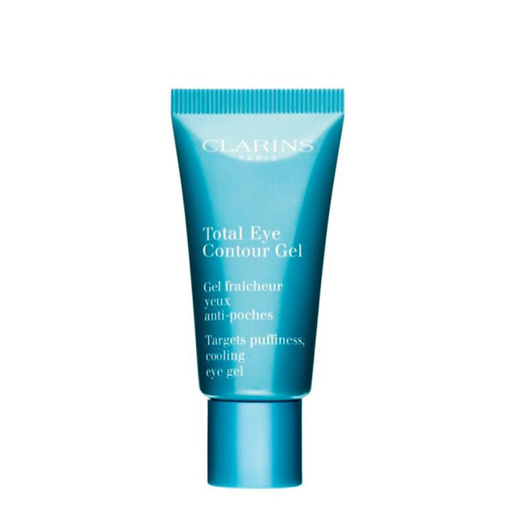 Hellblaue Tube mit Clarins Total Eye Contour Gel. Text: Gel fraîcheur yeux anti-poches, Targets puffiness, cooling eye gel.