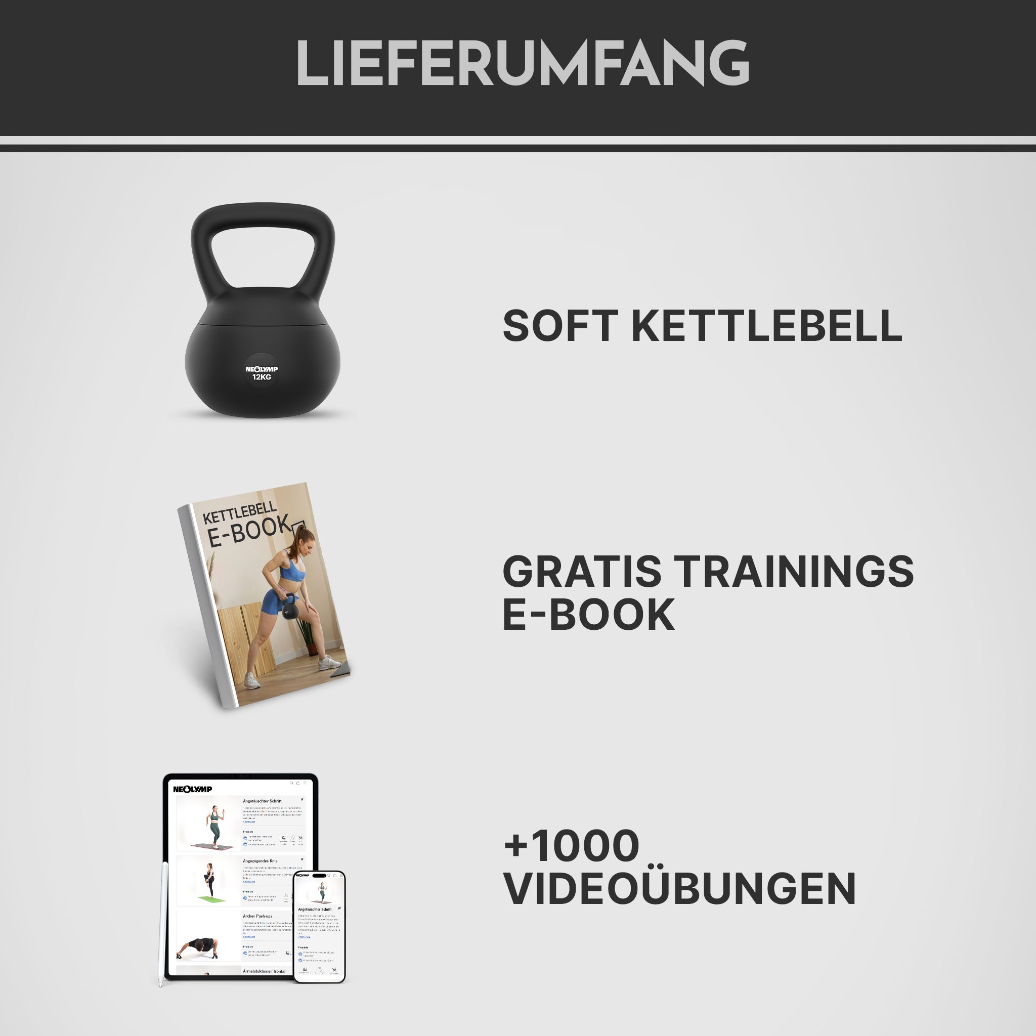 Lieferumfang: Soft Kettlebell, E-Book, über 1000 Videoübungen.