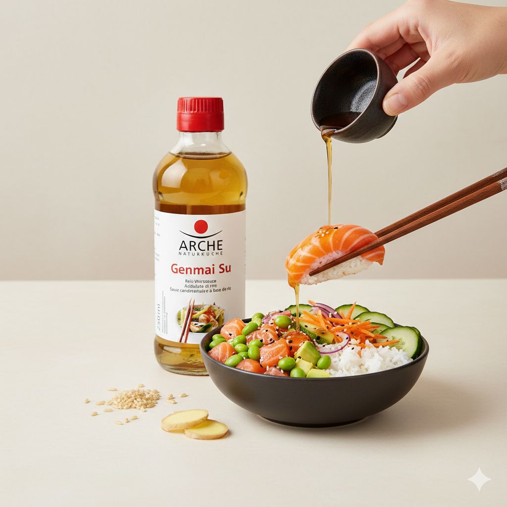 Arche Genmai Su Reis-Würzsoße wird über Sushi und Poke Bowl geträufelt.