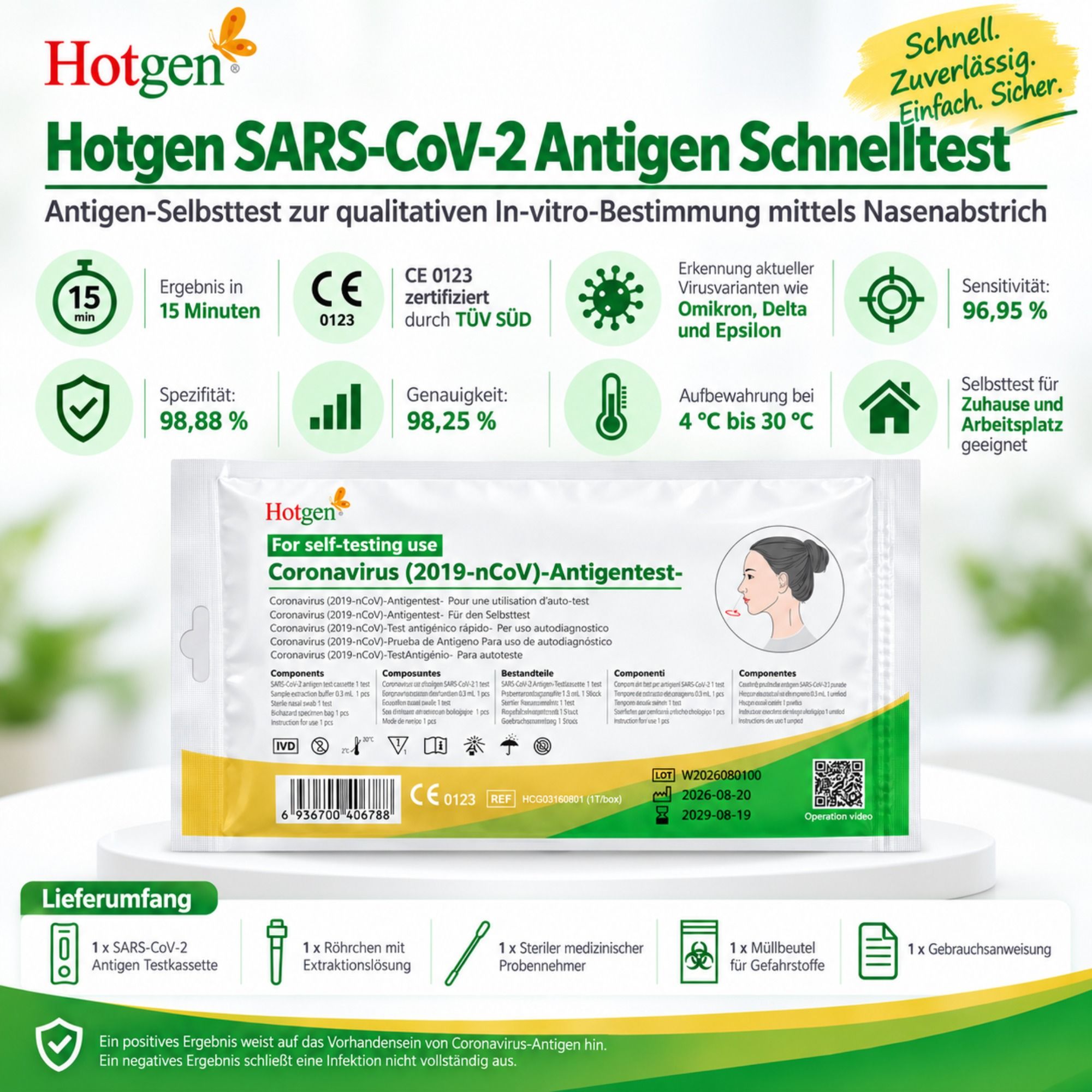 Hotgen SARS-CoV-2 Antigen Schnelltest: Packung mit Testkassette, Tupfer und Pufferlösung. CE 0123 zertifiziert.