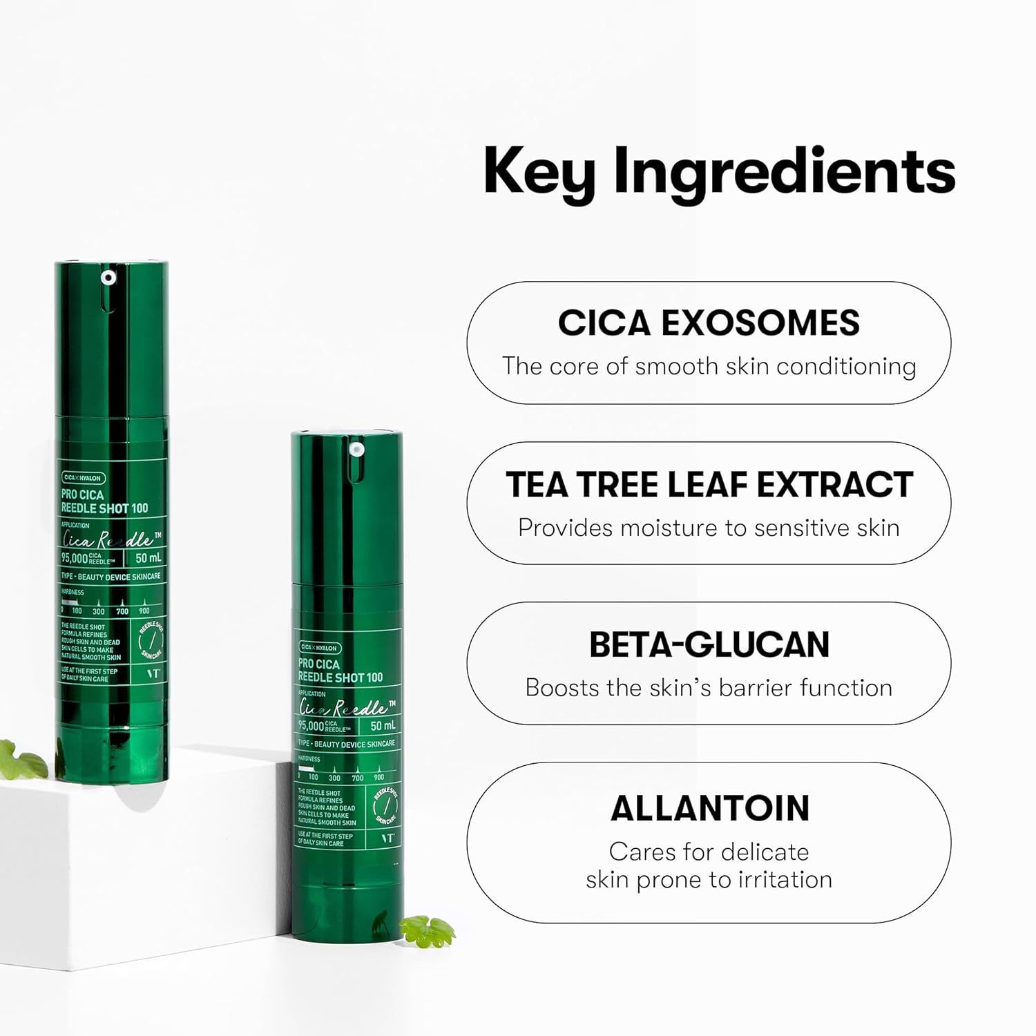 Zwei grüne Flaschen. Text: Pro Cica Reedle Shot. Key Ingredients: Cica Exosomes, Tea Tree Leaf Extract, Beta-Glucan, Allantoin.