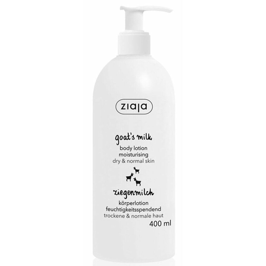 Weiße Flasche mit Pumpe. Aufschrift: Ziaja, Goat's Milk, Body Lotion, für trockene und normale Haut. Ziegenmilch-Illustration.