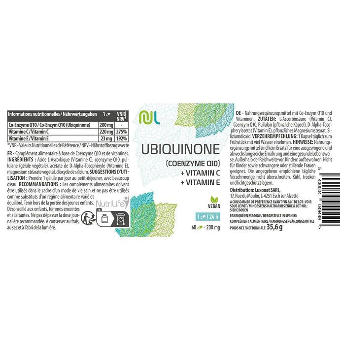 Etikett mit Produktinformationen. Aufschrift: Ubiquinone (Coenzym Q10) + Vitamin C + Vitamin E. Vegan.
