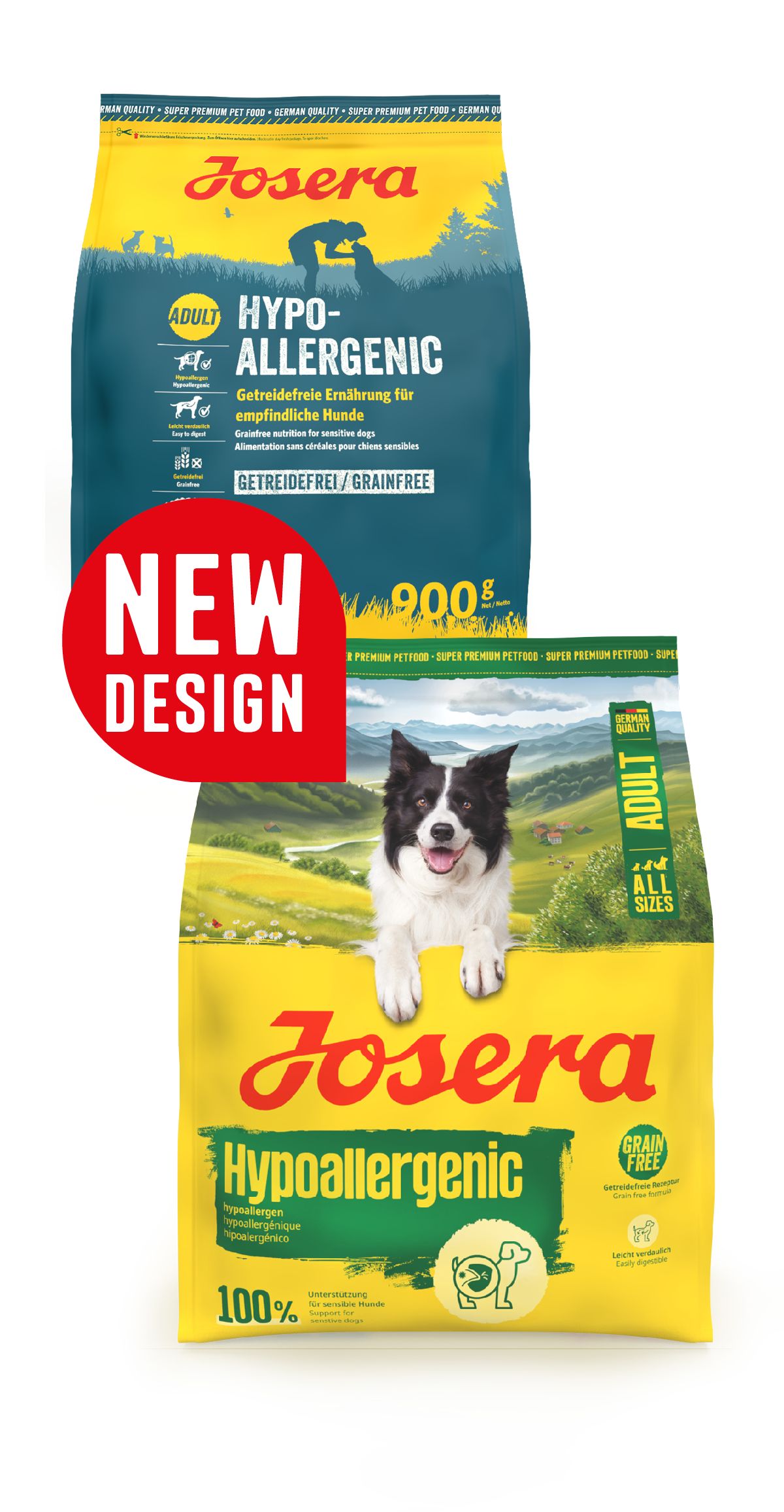 Josera Hypoallergenic Hundefutter, gelbe Verpackung mit Hund und Landschaftsmotiv, "New Design"-Aufkleber.