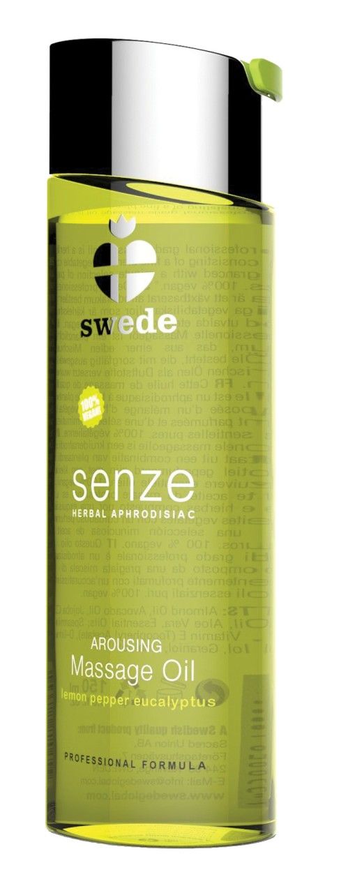 Grüne Glasflasche mit silbernem Deckel. Aufschrift: swede, senze, Arousing Massage Oil. Enthält Zitrone, Pfeffer und Eukalyptus.