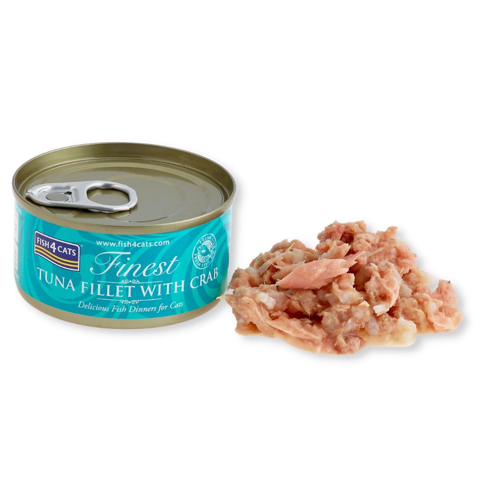 Dose Thunfischfilet mit Krabben und Inhalt daneben. Blaue Dose mit Produktnamen und Logo. Der Inhalt ist sichtbar.