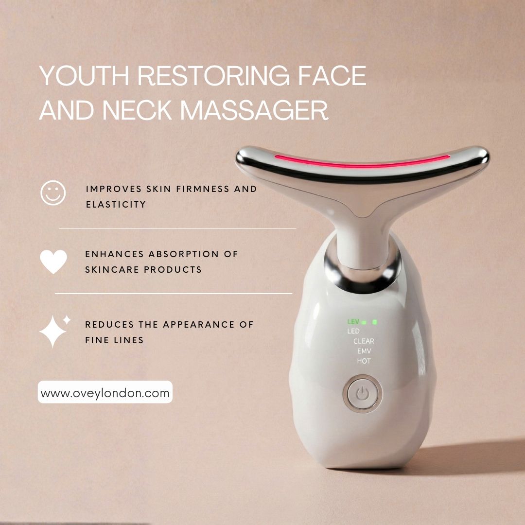 Jugendverjüngendes Gesichts- und Nackenmassagegerät, weiß mit silbernen Akzenten und roter LED-Leiste.
